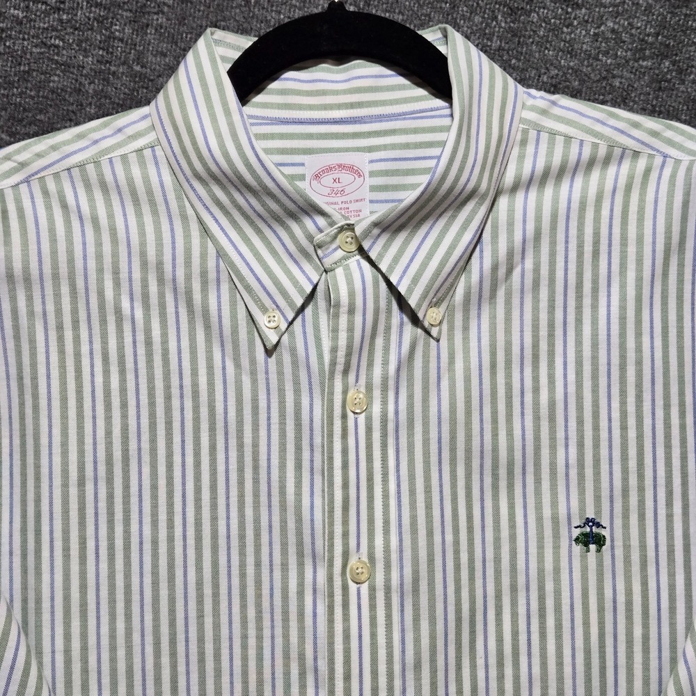 Brooks Brothers Button Shirt Non Iron Supima Cotton Blue Green Stripe XL Oxford